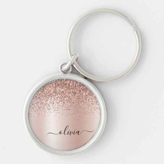 Roos Gold - Blush Pink Glitter Metal Monogram Naam Sleutelhanger (Voorkant)