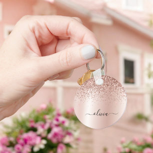 Roos Gold - Blush Pink Glitter Metal Monogram Naam Sleutelhanger