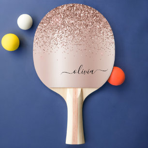Roos Gold - Blush Pink Glitter Metal Monogram Naam Tafeltennisbatje