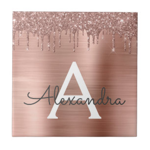 Roos Gold - Blush Pink Glitter Metal Monogram Naam Tegeltje