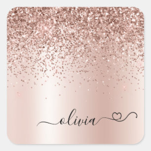 Roos Gold - Blush Pink Glitter Metal Monogram Naam Vierkante Sticker