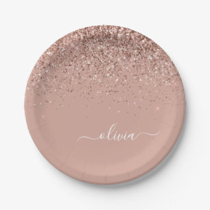 Roos Gold - Blush Pink Glitter Monogram Naam Papieren Bordje