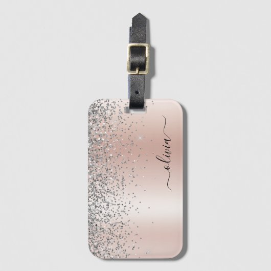 Roos Gold - Blush Pink Glitter Silver Monogram Bagagelabel (Voorkant (verticaal))