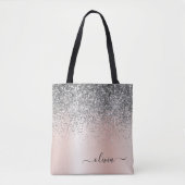 Roos Gold - Blush Pink Glitter Silver Monogram Draagtas (Voorkant)