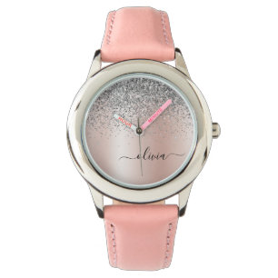 Roos Gold - Blush Pink Glitter Silver Monogram Horloge