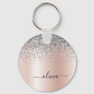 Roos Gold - Blush Pink Glitter Silver Monogram Sleutelhanger