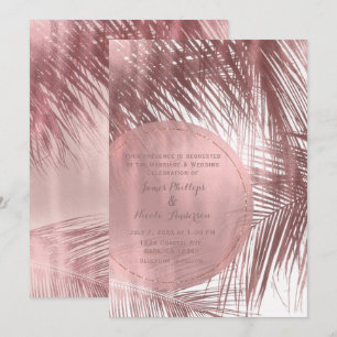 Roos Gold Blush Pink Palm Trees Tropical Wedding Kaart