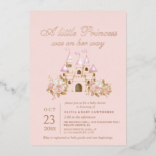 Roos Gold & Blush Pink Princess Baby shower Folie Uitnodiging (Voorkant)