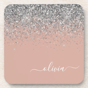Roos Gold Blush Pink Silver Glitter Monogram Bier Onderzetter