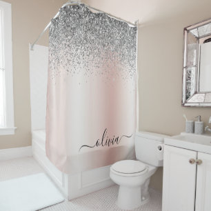 Roos Gold - Blush Pink Silver Glitter Monogram Douchegordijn