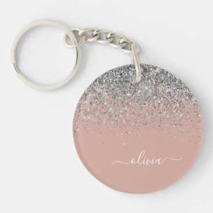Roos Gold Blush Pink Silver Glitter Monogram Girly Sleutelhanger