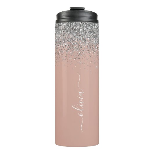 Roos Gold Blush Pink Silver Glitter Monogram Girly Thermosbeker (Voorkant)