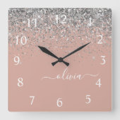 Roos Gold Blush Pink Silver Glitter Monogram Girly Vierkante Klok (Voorkant)