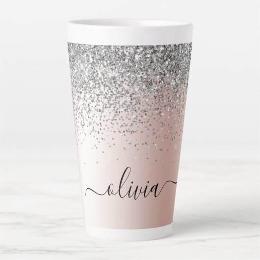 Roos Gold - Blush Pink Silver Glitter Monogram Latte Mok (Voorkant)