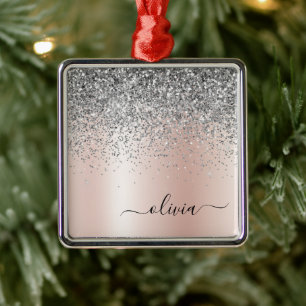 Roos Gold - Blush Pink Silver Glitter Monogram Metalen Ornament