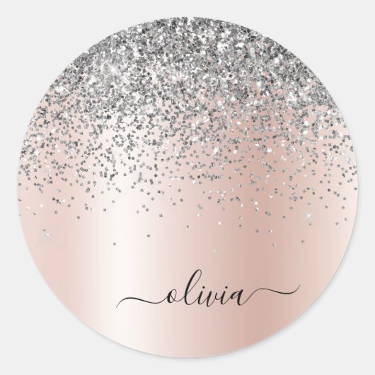 Roos Gold - Blush Pink Silver Glitter Monogram Ronde Sticker (Voorkant)