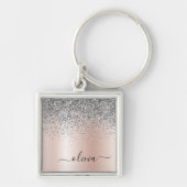 Roos Gold - Blush Pink Silver Glitter Monogram Sleutelhanger (Voorkant)