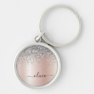 Roos Gold - Blush Pink Silver Glitter Monogram Sleutelhanger