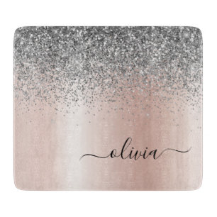 Roos Gold - Blush Pink Silver Glitter Monogram Snijplank