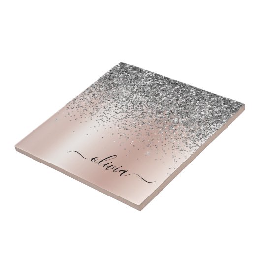 Roos Gold - Blush Pink Silver Glitter Monogram Tegeltje (Zijkant)