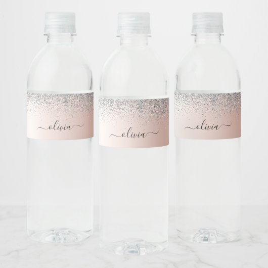 Roos Gold - Blush Pink Silver Glitter Monogram Waterfles Etiket (Flessen)