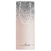 Roos Gold - Blush Pink Silver Glitter Monogram Wijn Cadeautas (Achterkant)