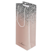 Roos Gold - Blush Pink Silver Glitter Monogram Wijn Cadeautas (Voorkant Gekanteld)