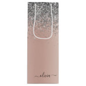 Roos Gold - Blush Pink Silver Glitter Monogram Wijn Cadeautas (Voorkant)