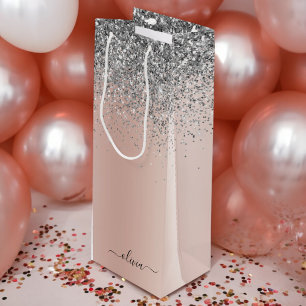 Roos Gold - Blush Pink Silver Glitter Monogram Wijn Cadeautas