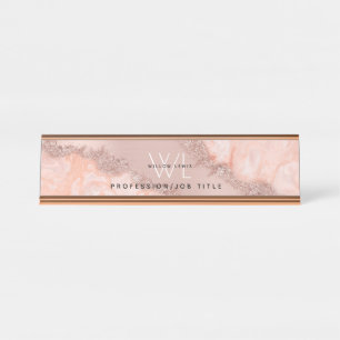 Roos Gold Blush Roze Geode Glitter Monogram Bureau Naambordje