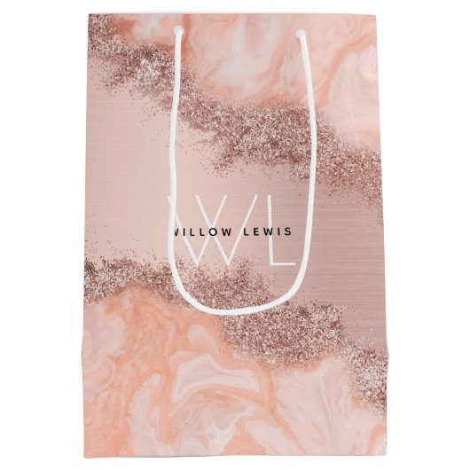 Roos Gold Blush Roze Geode Glitter Monogram Medium Cadeauzakje (Achterkant)