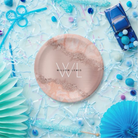 Roos Gold Blush Roze Geode Glitter Monogram Papieren Bordje (Feest)