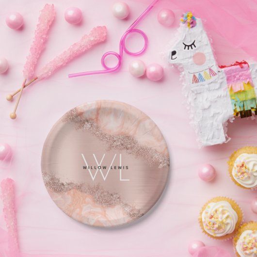 Roos Gold Blush Roze Geode Glitter Monogram Papieren Bordje (Feest)