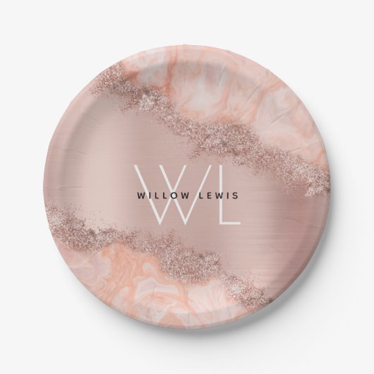 Roos Gold Blush Roze Geode Glitter Monogram Papieren Bordje (Voorkant)