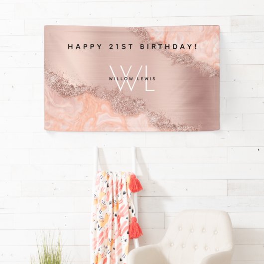 Roos Gold Blush Roze Geode Glitter Monogram Spandoek (Insitu)
