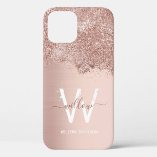 Roos Gold Blush Roze Girly Dust Monogram iPhone 12 Hoesje