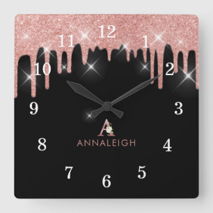 Roos Gold Blush Roze glitter Drip Floral Monogram Vierkante Klok