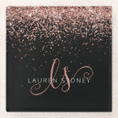 Roos Gold Blush Roze Glitter Glam Monogram Naam Glazen Onderzetter (Voorkant)