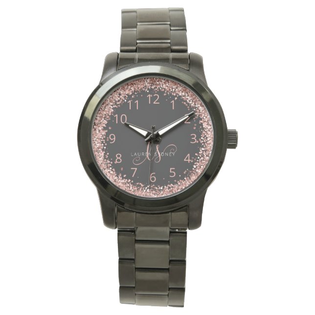 Roos Gold Blush Roze Glitter Glam Monogram Naam Horloge (Voorkant)