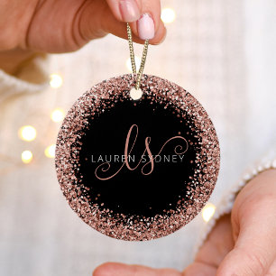 Roos Gold Blush Roze Glitter Glam Monogram Naam Keramisch Ornament