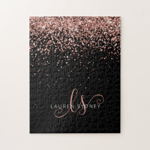 Roos Gold Blush Roze Glitter Glam Monogram Naam Legpuzzel