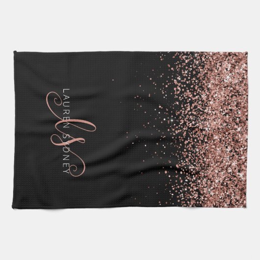 Roos Gold Blush Roze Glitter Glam Monogram Naam Theedoek (Horizontaal)
