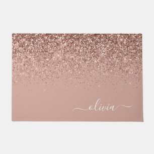 Roos Gold Blush Roze Glitter Script Monogram Girly Deurmat