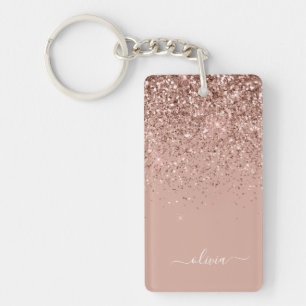 Roos Gold Blush Roze Glitter Script Monogram Girly Sleutelhanger