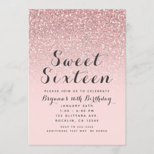 Roos Gold Blush Roze Glitter Sweet 16 Party Kaart