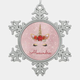 Roos Gold - Blush Roze Kerst Eenhoorn Monogram Tin Sneeuwvlok Ornament