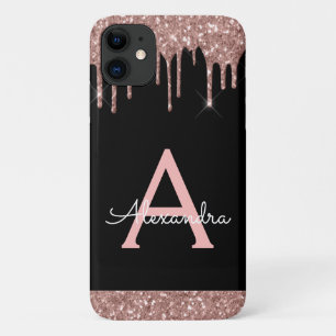 Roos Gold Blush Roze zwart Glitter Monogram iPhone 11 Hoesje