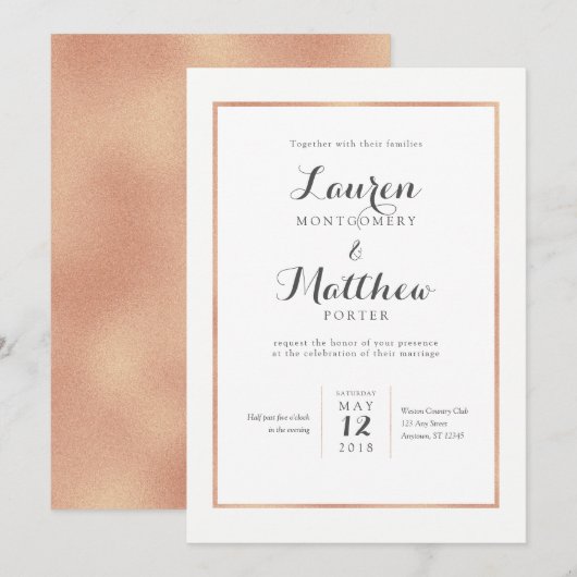 Roos Gold Border Modern Wedding Invitation Kaart (Voorkant / Achterkant)