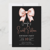 Roos Gold Bow Coquette Script Sweet 16 Party Zwart Kaart (Voorkant)