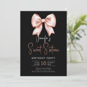 Roos Gold Bow Coquette Script Sweet 16 Party Zwart Kaart (Staand voorkant)